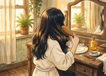 Ilustração de penteadeira aconchegante com frasco de óleo dourado e mechas de cabelo brilhantes