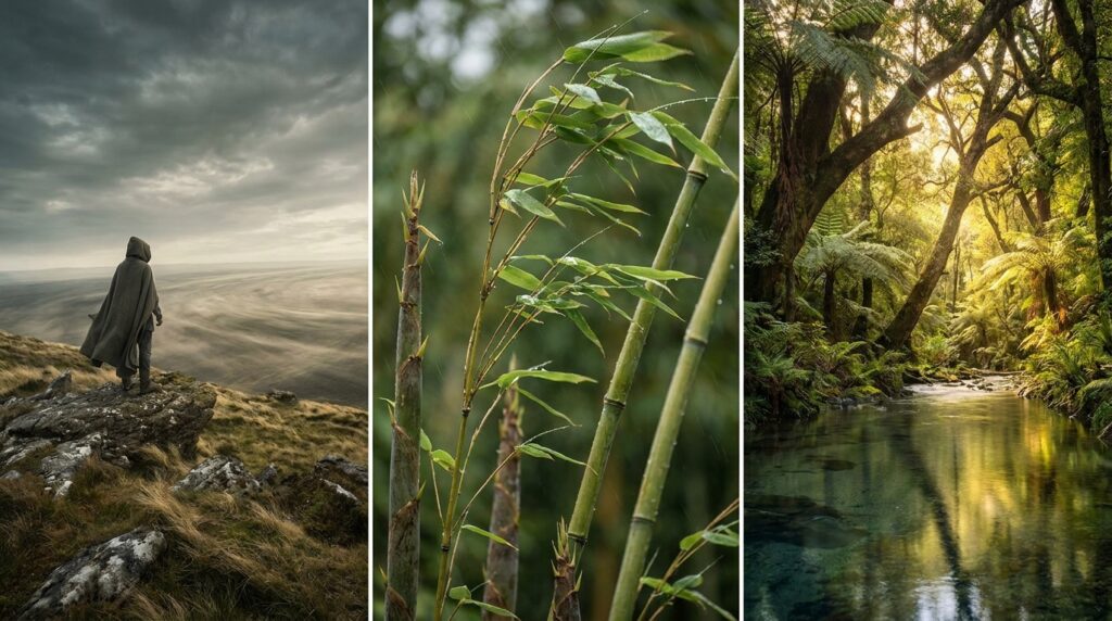Tríptico em três etapas mostrando horizonte aberto, brotos de bambu flexíveis e floresta tranquila sob luz solar.