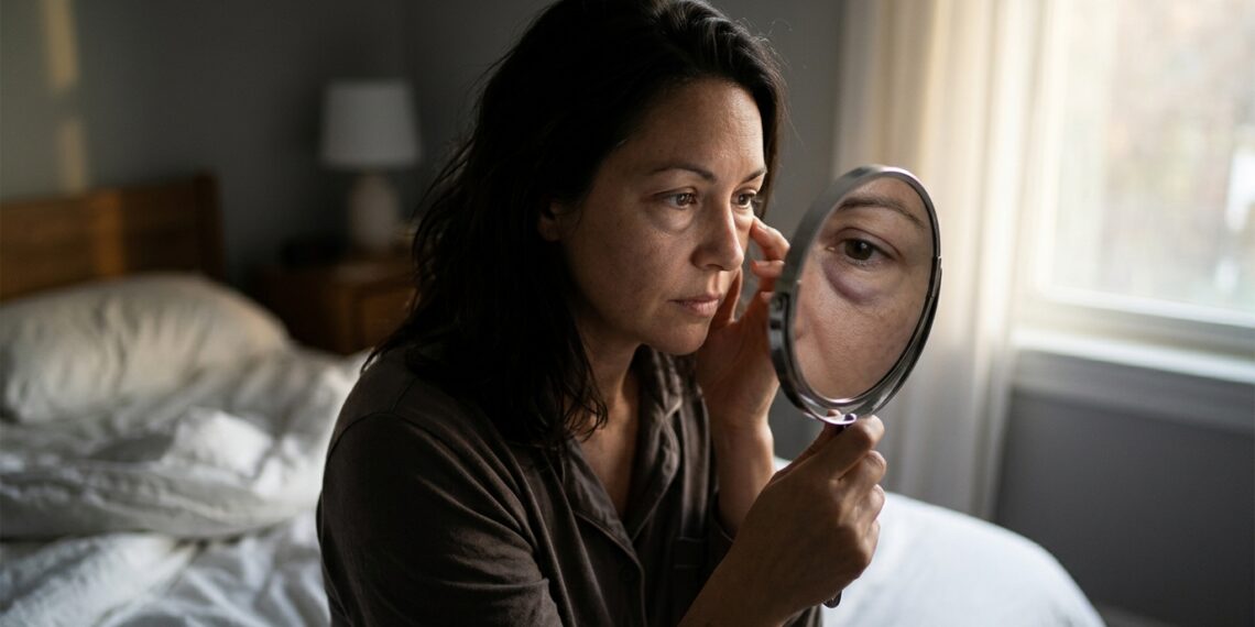 Pessoa sentada na cama ao amanhecer observando o inchaço e a congestão vascular nas pálpebras diante do espelho