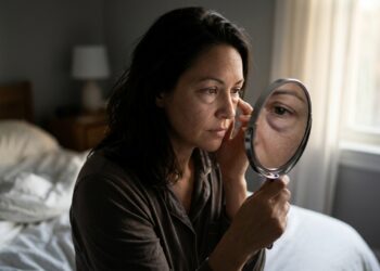 Pessoa sentada na cama ao amanhecer observando o inchaço e a congestão vascular nas pálpebras diante do espelho
