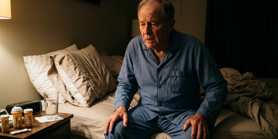 Paciente sentado na borda da cama durante a noite com as mãos no peito, ilustrando a ortopneia e a dificuldade respiratória associada à insuficiência cardíaca.