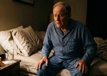 Paciente sentado na borda da cama durante a noite com as mãos no peito, ilustrando a ortopneia e a dificuldade respiratória associada à insuficiência cardíaca.