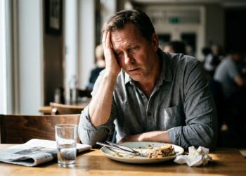 Adulto sentado à mesa após a refeição apoiando o rosto nas mãos com expressão de sonolência e cansaço excessivo