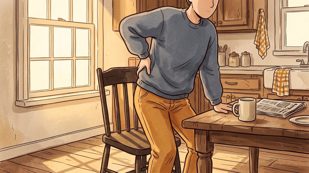 Ilustração de pessoa se levantando de cadeira na cozinha com uma das mãos apoiada na região lombar.
