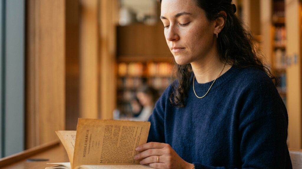 Leitor com olhos fechados segurando livro aberto em meio às estantes de uma biblioteca iluminada
