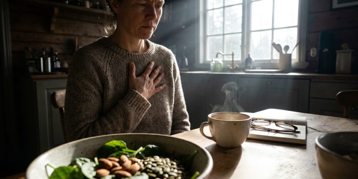 Pessoa sentada à mesa da cozinha com uma mão sobre o peito após tomar café, expressando leve desconforto, com xícara de café e alimentos ricos em magnésio ao fundo desfocado.