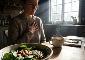 Pessoa sentada à mesa da cozinha com uma mão sobre o peito após tomar café, expressando leve desconforto, com xícara de café e alimentos ricos em magnésio ao fundo desfocado.