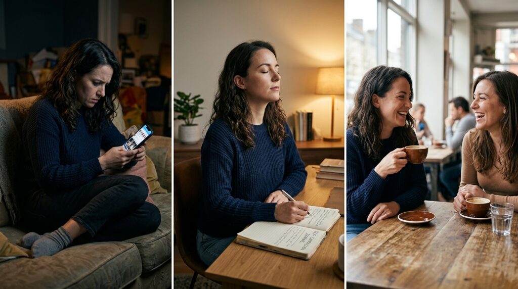 Composição em três quadros mostrando o gatilho da comparação digital, a pausa para autorreflexão e o alívio emocional em convivência.