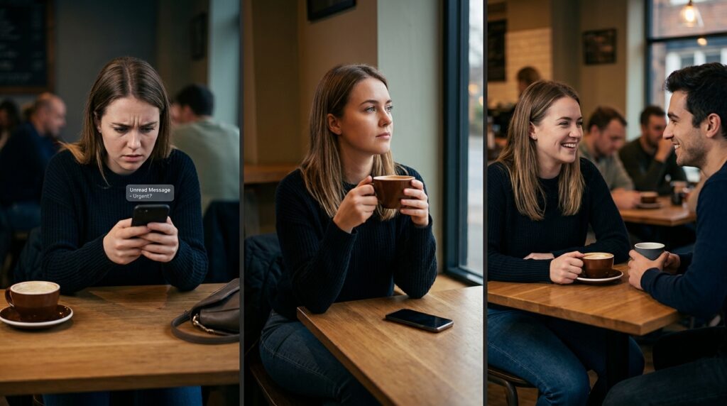 Três quadros mostrando tensão inicial ao celular, pausa para reflexão e conversa tranquila a dois.