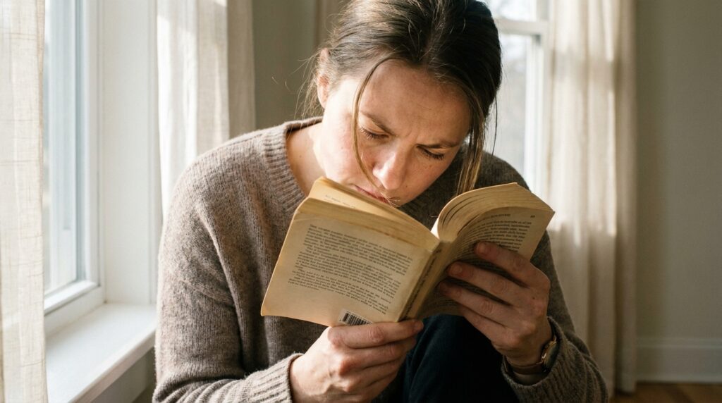 Pessoa concentrada lendo livro físico próximo a uma janela com luz natural