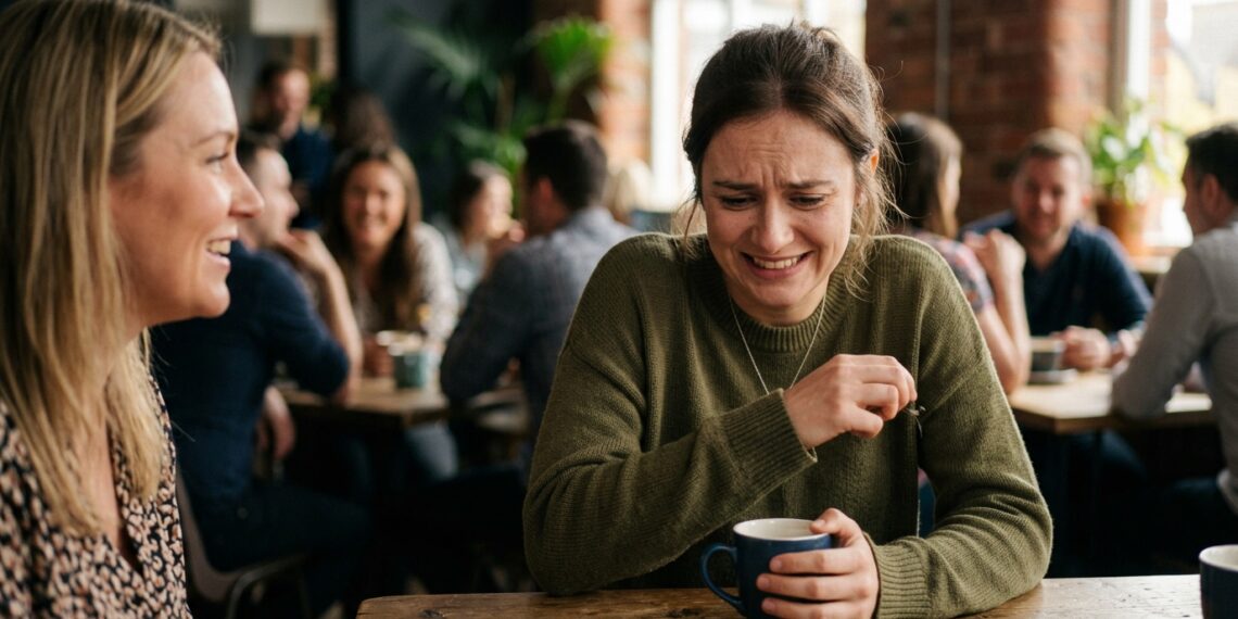 Pessoa desviando o olhar e sorrindo sem jeito ao receber um elogio em ambiente de trabalho