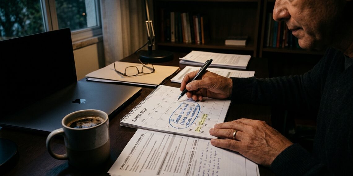 Pessoa revisando documentos financeiros e calendário em mesa de casa, xícara de café ao lado, sugerindo pausa antes de decidir