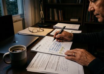 Pessoa revisando documentos financeiros e calendário em mesa de casa, xícara de café ao lado, sugerindo pausa antes de decidir