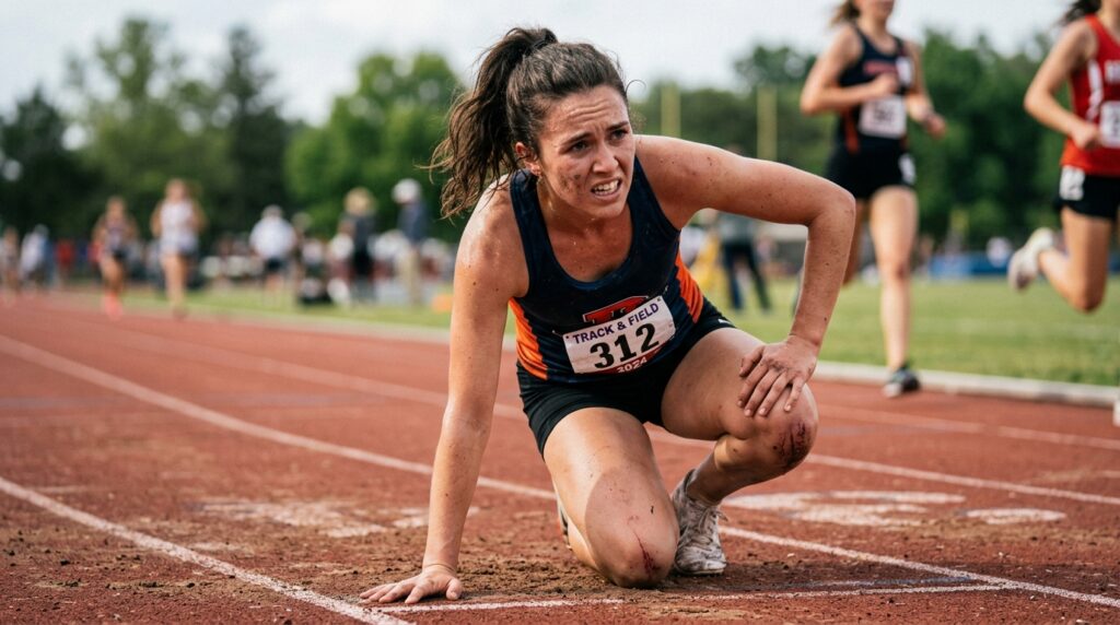 Corredor se levantando após tropeçar em pista de atletismo, expressão de determinação