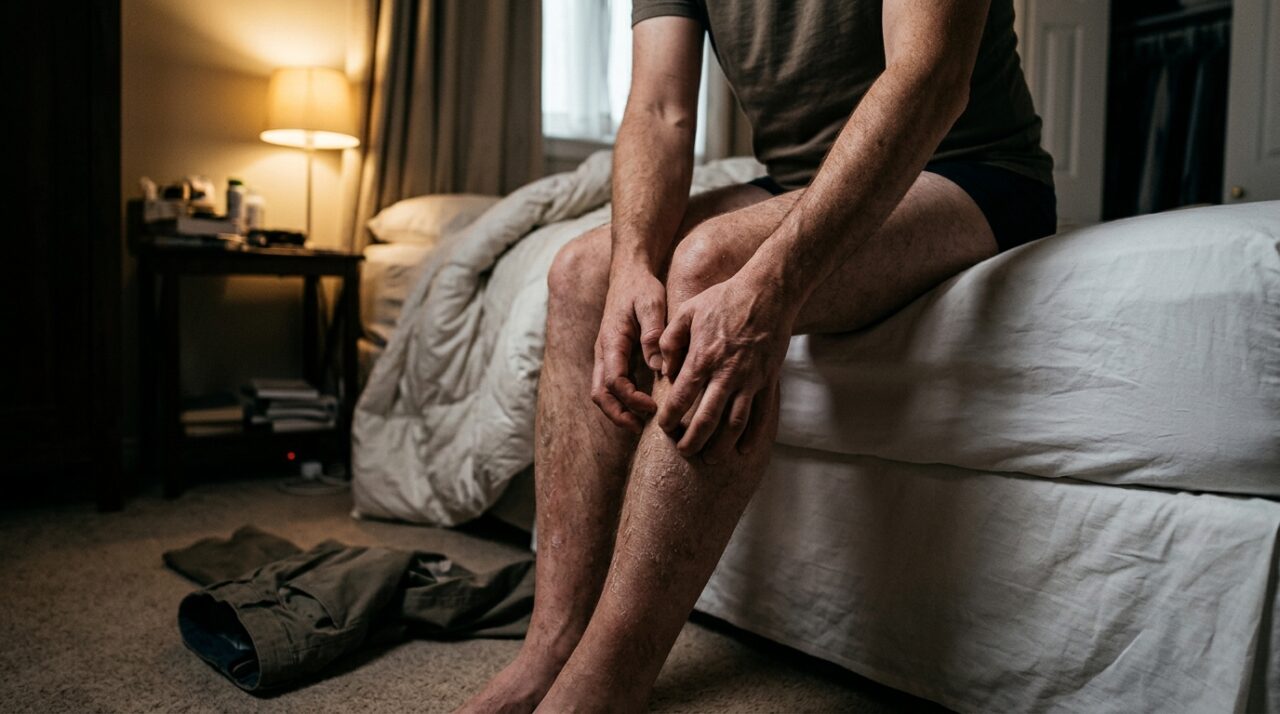 Sentir uma vontade incontrolável de coçar as canelas ao tirar a roupa pode ser um dos primeiros sinais visíveis de diabetes descontrolada afetando a hidratação da pele - QTU Questões do Universo