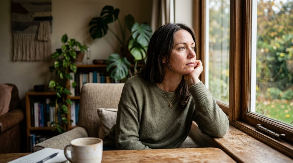 Pessoa com expressão concentrada e reflexiva sentada próxima a uma janela com luz natural suave