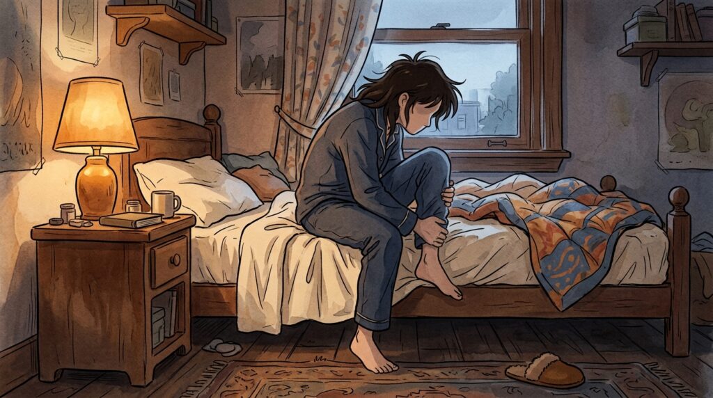 Ilustração de pessoa sentada na beirada da cama ao acordar segurando a panturrilha de uma perna com as duas mãos.