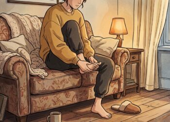 Ilustração de pessoa sentada no sofá massageando o próprio pé descalço em sala doméstica ao entardecer.