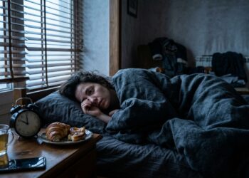 Pessoa deitada sob cobertor pesado em quarto com pouca luminosidade matinal, demonstrando sonolência excessiva no inverno.