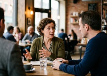 Pessoa gesticulando e conversando intensamente em uma mesa de café enquanto interlocutores observam em primeiro plano.