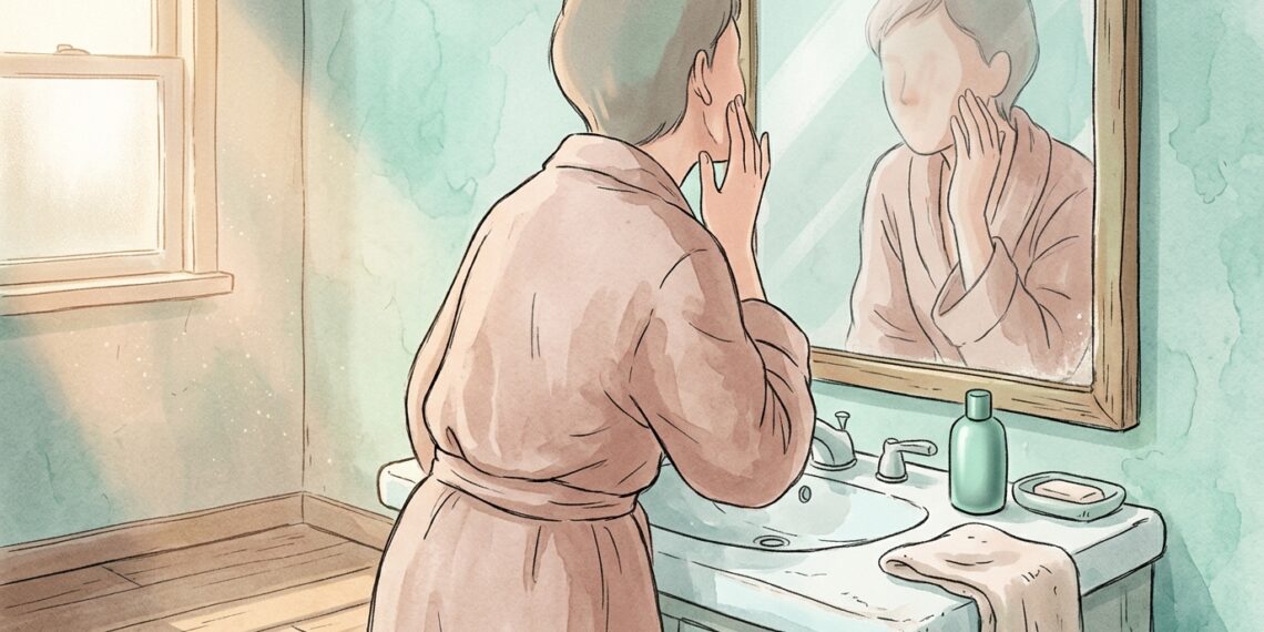 Ilustração de pessoa tocando o rosto em frente ao espelho do banheiro, com frasco de produto de skincare sobre a bancada.