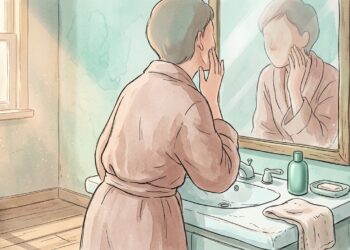 Ilustração de pessoa tocando o rosto em frente ao espelho do banheiro, com frasco de produto de skincare sobre a bancada.