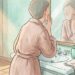 Ilustração de pessoa tocando o rosto em frente ao espelho do banheiro, com frasco de produto de skincare sobre a bancada.
