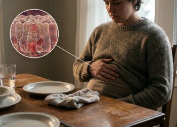 Pessoa com a mão no abdômen inchado sentada à mesa após refeição em ambiente doméstico.