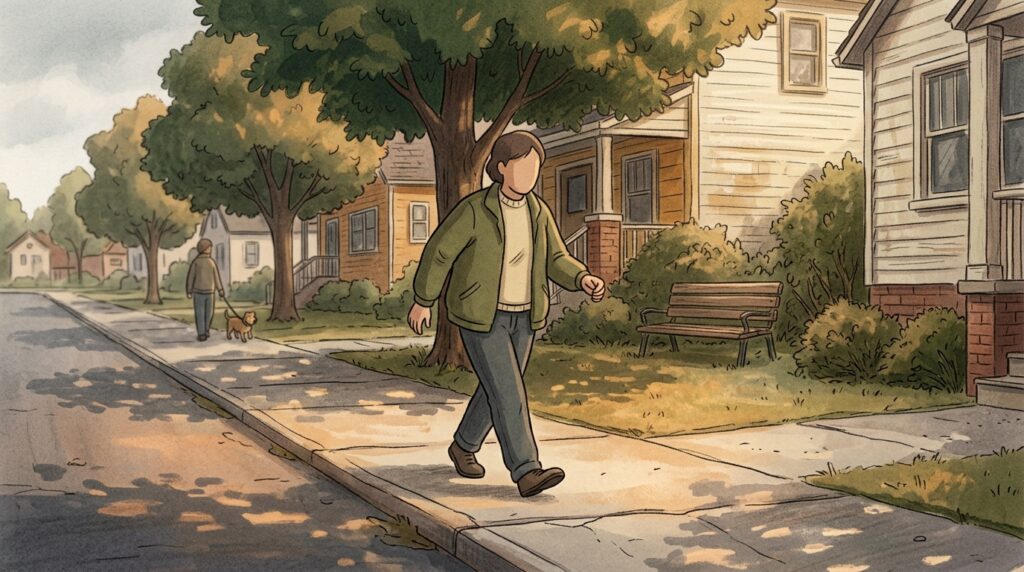 Ilustração de pessoa caminhando em ritmo acelerado por calçada arborizada de bairro residencial pela manhã.