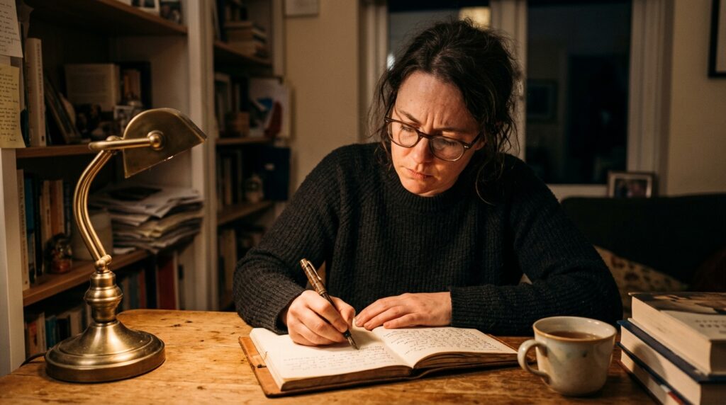 Mulher escrevendo em caderno durante a madrugada, expressão de esforço concentrado
