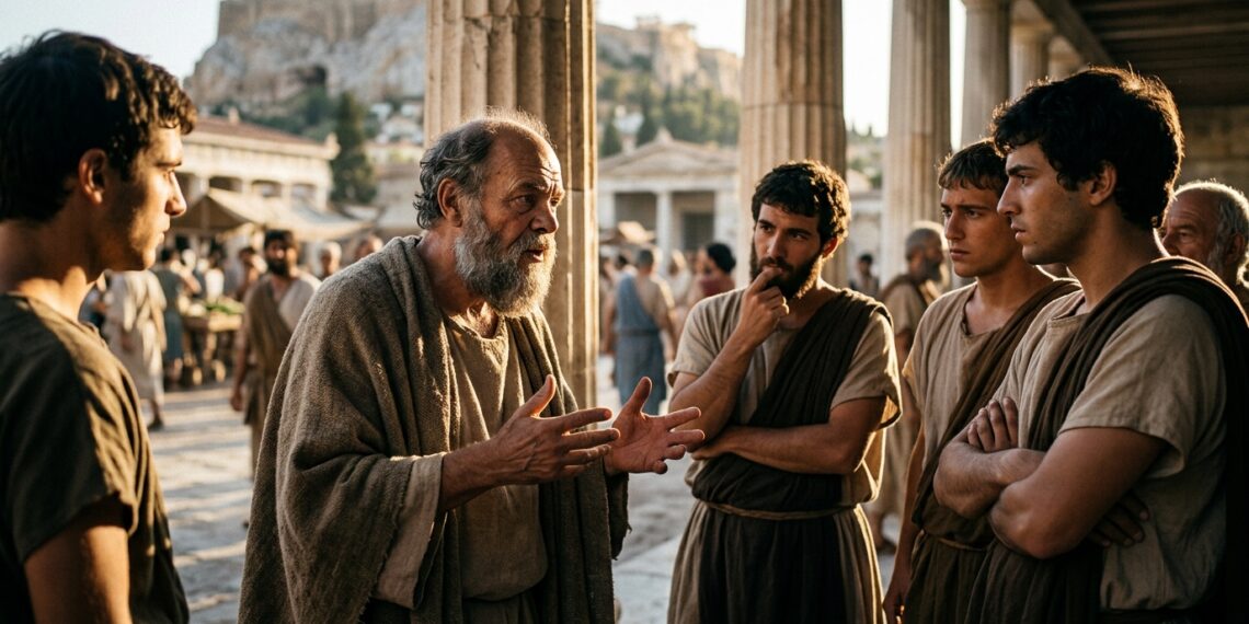 Filósofo de barba grisalha dialogando com cidadãos ao ar livre na praça de Atenas sob a luz dourada da tarde.