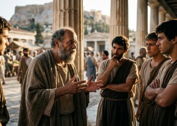 Filósofo de barba grisalha dialogando com cidadãos ao ar livre na praça de Atenas sob a luz dourada da tarde.