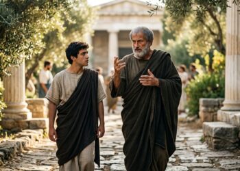 Aristóteles caminhando e ensinando um jovem discípulo nos pátios do Liceu em Atenas