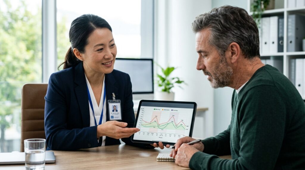 Médico endocrinologista analisando gráfico de curva glicêmica e exames laboratoriais em tablet durante atendimento clínico.