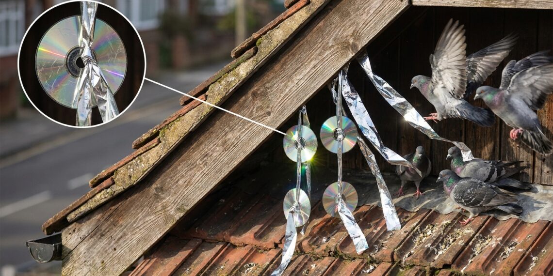 Pombos empoleirados na borda de um telhado residencial com CDs e fitas reflexivas pendurados que captam a luz solar.