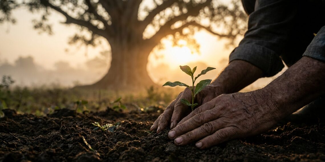 Mãos plantando uma muda jovem de árvore em solo fértil com uma árvore antiga ao fundo.