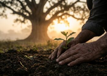 Mãos plantando uma muda jovem de árvore em solo fértil com uma árvore antiga ao fundo.
