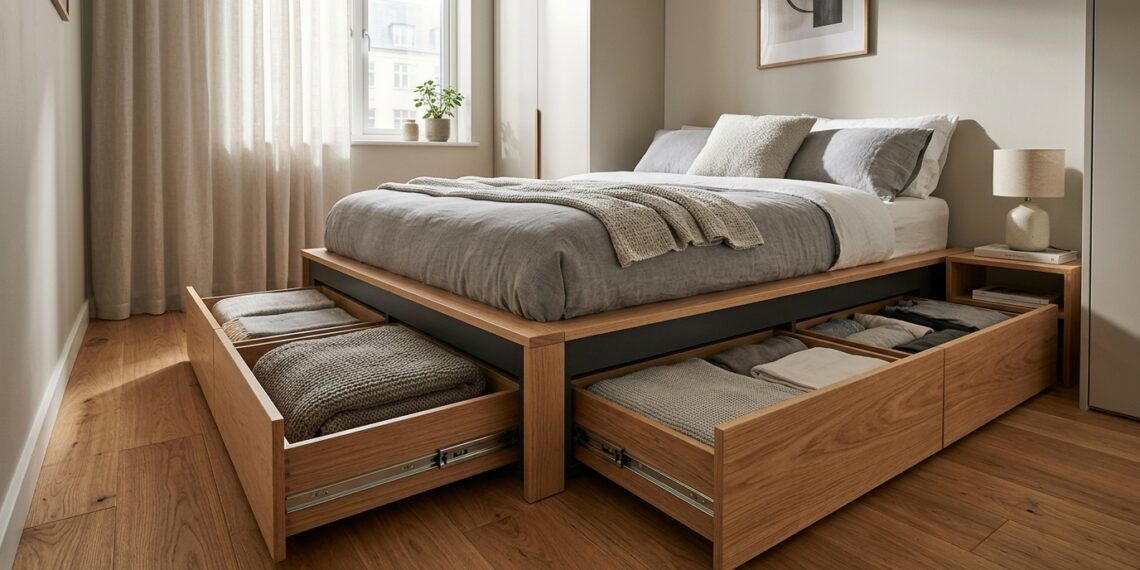 Cama plataforma com gavetões abertos exibindo roupas de cama organizadas em quarto compacto