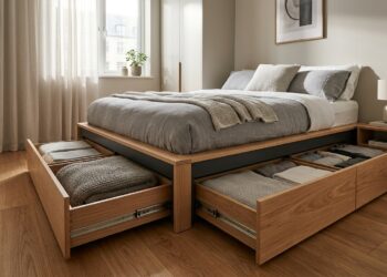 Cama plataforma com gavetões abertos exibindo roupas de cama organizadas em quarto compacto