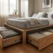 Cama plataforma com gavetões abertos exibindo roupas de cama organizadas em quarto compacto