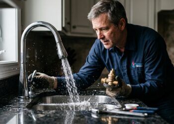 Encanador segurando pequeno redutor de vazão ao lado de torneira com jato forte espirrando água em bancada de cozinha