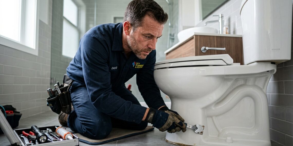 Encanador profissional uniformizado ajoelhado no chão do banheiro inspecionando a vedação e a base cerâmica do vaso sanitário