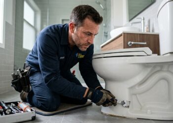 Encanador profissional uniformizado ajoelhado no chão do banheiro inspecionando a vedação e a base cerâmica do vaso sanitário