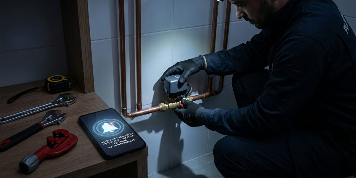 Encanador instalando registro motorizado inteligente em tubulação de água com celular mostrando alerta de vazamento