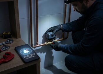 Encanador instalando registro motorizado inteligente em tubulação de água com celular mostrando alerta de vazamento