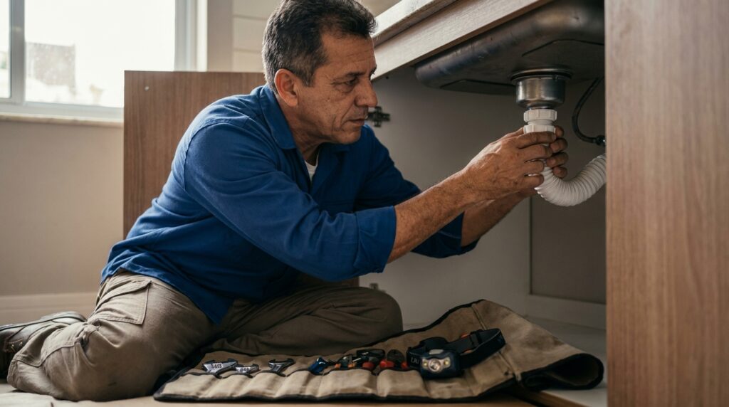 Encanador profissional ajustando manualmente a rosca do sifão sob a pia de inox da cozinha.