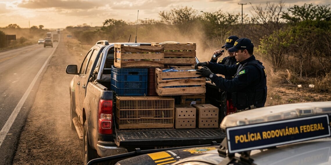 Agentes da PRF inspecionando engradados de frutas na caçamba de caminhonete no acostamento da BR-423, revelando gaiolas de animais silvestres ocultas sob a carga.