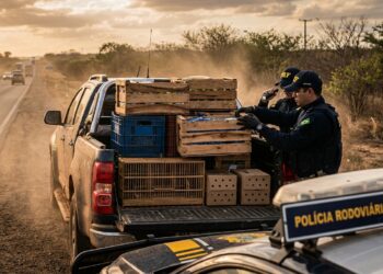 Agentes da PRF inspecionando engradados de frutas na caçamba de caminhonete no acostamento da BR-423, revelando gaiolas de animais silvestres ocultas sob a carga.