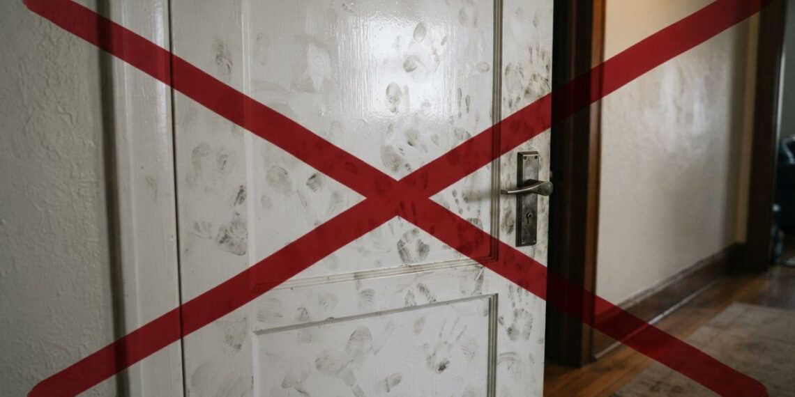 Adeus, marcas de dedos engorduradas em portas laqueadas de branco: nova limpeza rápida com água morna e uma gota de detergente neutro remove a sujeira sem opacar o brilho, segundo pintores