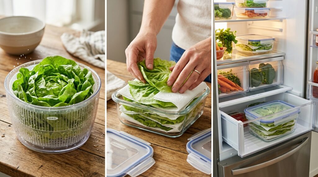 Sequência em três painéis mostrando secagem na centrífuga, montagem em camadas de papel-toalha e armazenamento na gaveta da geladeira